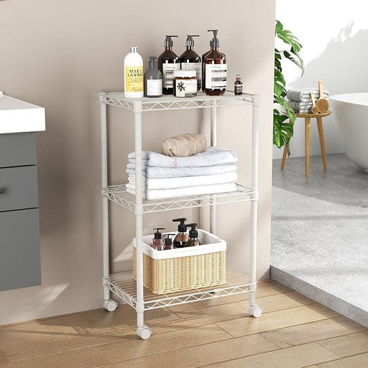 SINGAYE 3 Small Shelves Storage Shelf Wire Shelving Unit Metal Shelf Adjustable Organizers Storage Shelving with Wheels for Bathroom Laundry Room Kitchen Pantry - ModernBath