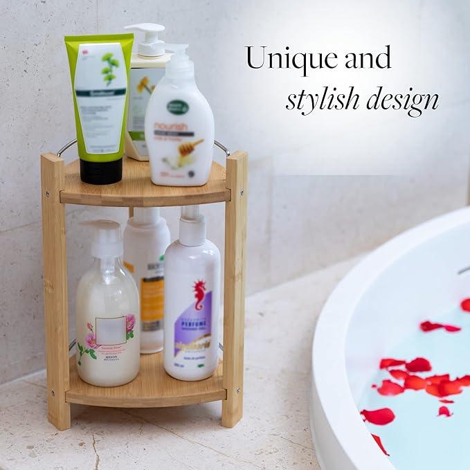 GOBAM Bamboo Shower Corner Caddy, Medium - 2 Tier Bathroom Organizer Countertop for Shampoo, Conditioner, Lotion, Soap - Standing Shower Stand for Kitchen, Bedroom, or Office - ModernBath
