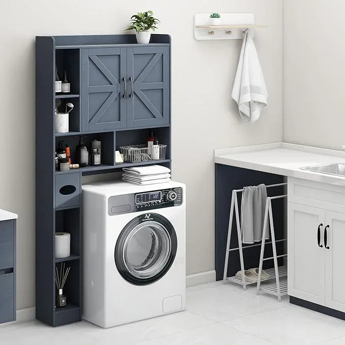 Vabches Over The Toilet Storage Cabinet, Farmhouse Storage Cabinet Over Toilet with 2 Barn Door & Toilet Paper Holder Stand，Home Space-Saving Toilet Rack, for Bathroom, Restroom, Laundry,Blue - ModernBath
