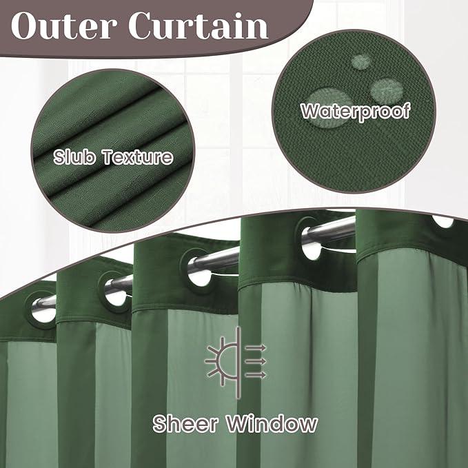SORTTO No Hook Slub Textured Shower Curtain with Snap in Liner - Dark Green Fabric Outer Curtain & Waterproof Inner Liner, Hotel Style with See Through Top Window, 71x74 in - ModernBath