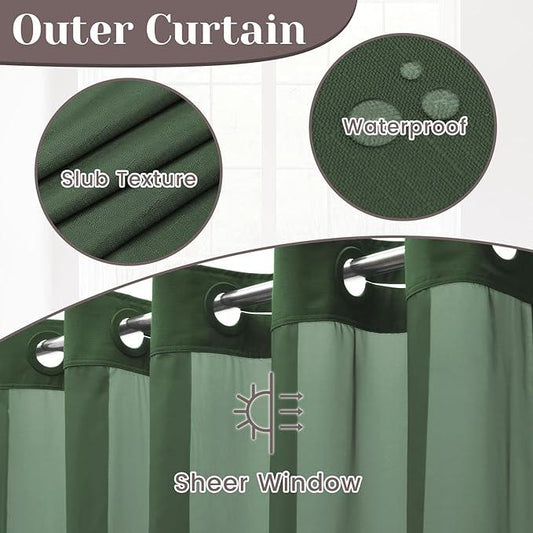 SORTTO No Hook Slub Textured Shower Curtain with Snap in Liner - Dark Green Fabric Outer Curtain & Waterproof Inner Liner, Hotel Style with See Through Top Window, 71x74 in - ModernBath