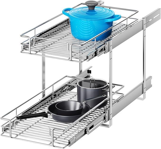 2 Tier Individual Pull Out Cabinet Organizer 14½" W x 21½" D, Heavy Duty Cabinet Pull Out Shelves, Slide Out Drawers Organization for Kitchen Cabinets Bathroom - ModernBath