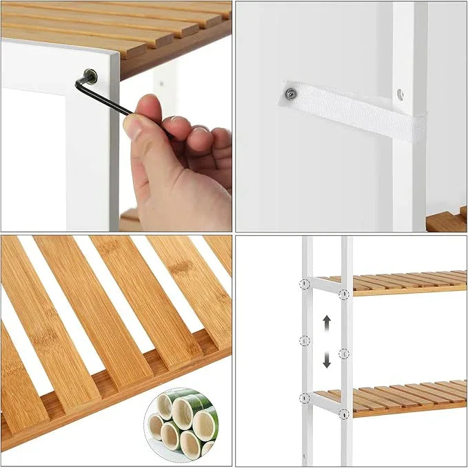 SONGMICS Bamboo Storage Shelf, 5-Tier Shelving Unit, Multifunctional, in The Entryway, Bathroom, Living Room, Balcony, Kitchen, 10.2 x 23.6 x 51.2 Inches, Cloud White and Light Bamboo UBCB35WN - ModernBath