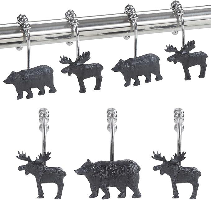 Woodland Black Bear Moose Shower Curtain Hooks, Rustproof Rustic Cabin Shower Hooks for Shower Curtain, 5 Roller Ring Balls Lodge Bathroom Curtain Hooks, Outdoor Decorative Animal Hooks, Set of 12 - ModernBath