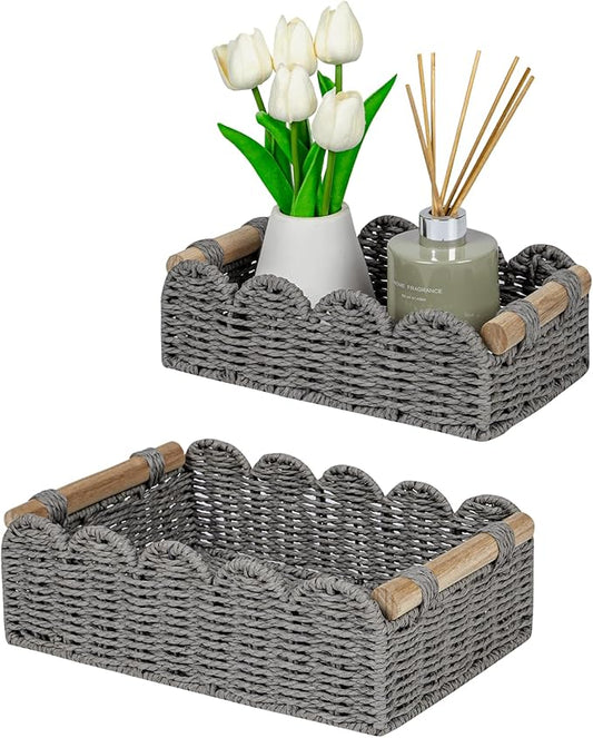 CubesLand Scalloped Edge Decor Baskets for Home, Living Room, Toilet Paper Storage Basket for Over Toilet Tank Top, Storage Shelf, Cute Small Paper Rope Baskets Both Storage&Decor, Set 2 Grey