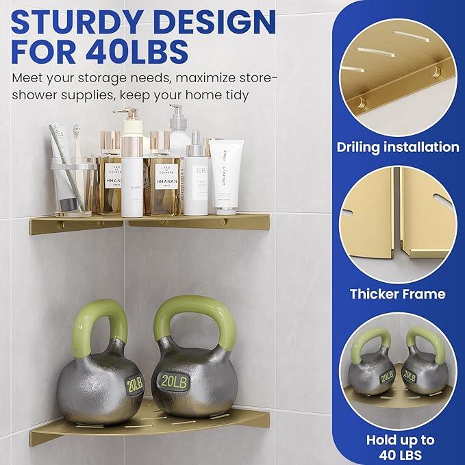 2 Pack Corner Shower Shelves Load Capacity 40 lbs 304 Stainless Steel Shower Corner Shelf Will not Rust 8in Shower Shelf for Inside Shower Brushed Gold Drilling Installation - ModernBath