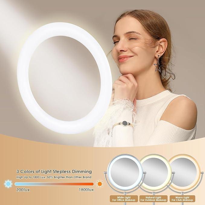 VESAUR 11" Large and 17" Tall Lighted Makeup Mirror, Double Sided 1X 10X Magnifying 3 Colors with Lights, Brightness Adjustable 360° Rotation Cosmetic Light up Mirror, Luxury Nickel - ModernBath