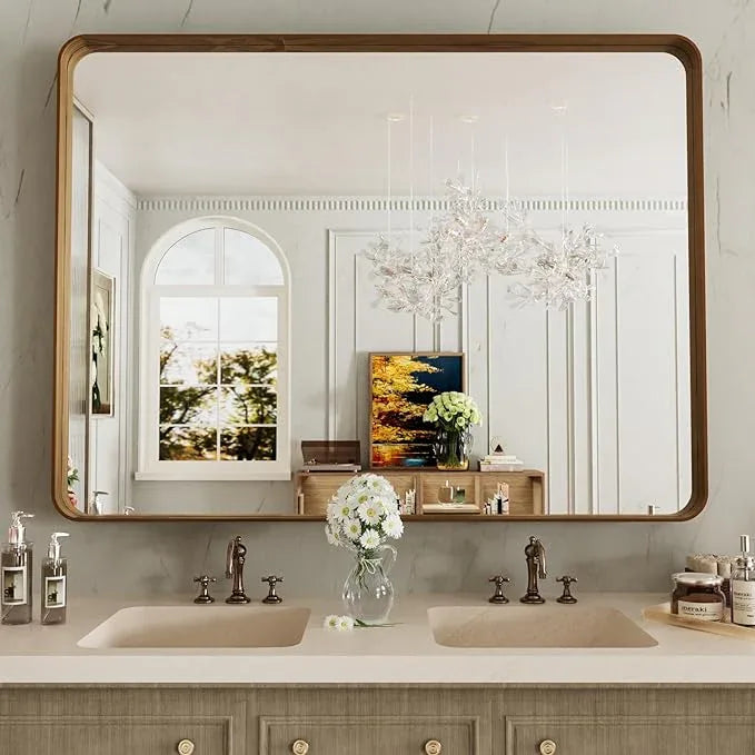 LOAAO 48X36 Inch Bathroom Mirror with Wood Grain Colored Metal Frame, Rounded Rectangle Metal Framed Bathroom Mirror, Anti-Rust, Hangs Horizontally or Vertically, Tempered Glass - ModernBath