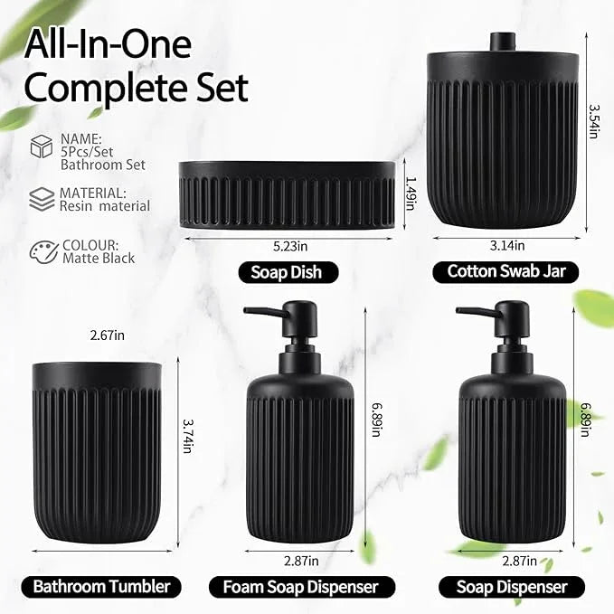 XLHOMO Black Resin Bathroom Accessories Set 5 Pcs, Bathroom Accessory Set Includes Foaming Soap Dispenser, Lotion Soap Dispenser, Toothbrush Holder, Qtip Holder, Soap Dish, for Modern Home Apartment - ModernBath