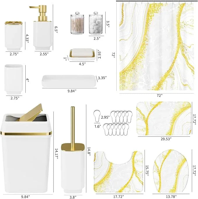 25PCS Bathroom Accessory Set, White Bathroom Set with Large-Capacity 4 Gallon Trash Can,Bathroom Rugs Set, Waterproof Shower Curtain, Toilet Brush, Toothbrush Holder & Soap Dispenser - ModernBath