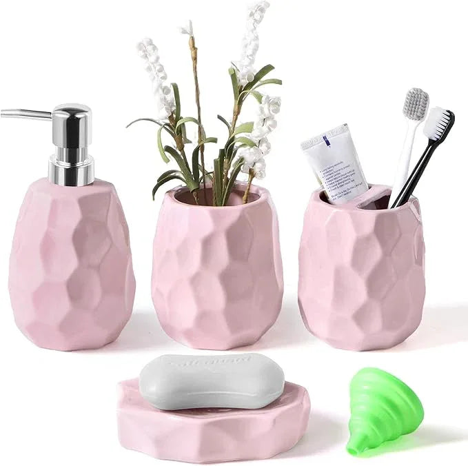Ceramic Bathroom Accessories Set 4 PCS,Bathroom Toothbrush Holder Set,Soap and Toothbrush Holder Set,Include Toothbrush Holder,Soap Dispenser,Tumbler,Soap Dish,Bathroom Sets Decor Organizer (Pink) - ModernBath