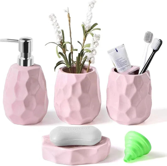 Ceramic Bathroom Accessories Set 4 PCS,Bathroom Toothbrush Holder Set,Soap and Toothbrush Holder Set,Include Toothbrush Holder,Soap Dispenser,Tumbler,Soap Dish,Bathroom Sets Decor Organizer (Pink) - ModernBath