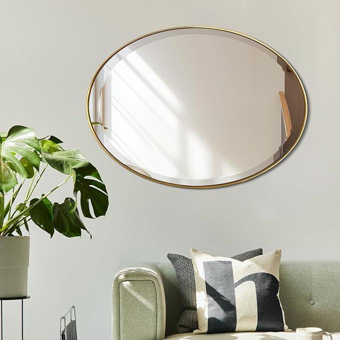 POZINO Vanity Beveled Mirrors, 22"x30" Oval Mirror for Over Sink, Modern Brass Mirror with Stainless Steel Frame, Brush Gold Rounded Mirrors for Bathroom Bedroom Living Room, Horizontal Or Vertical ﻿ - ModernBath