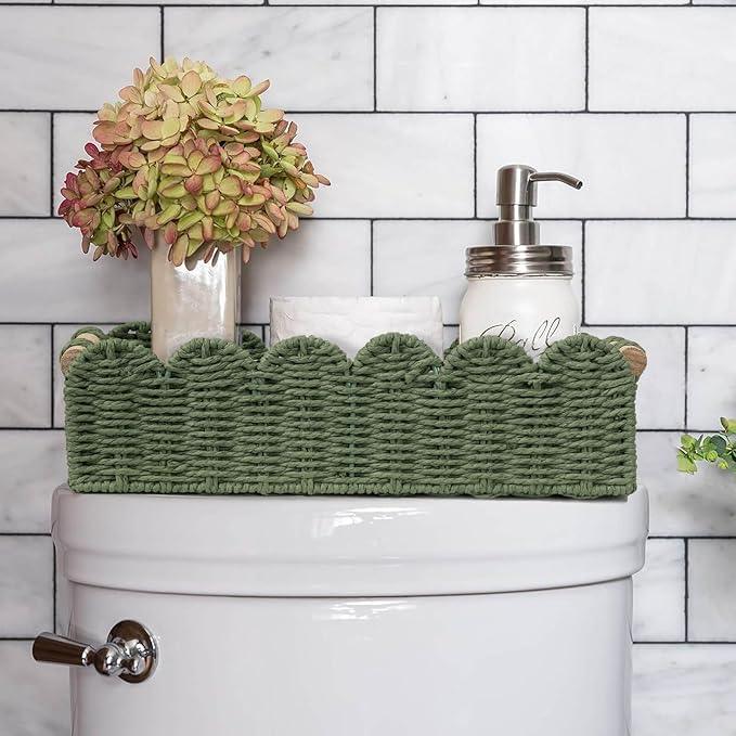 CubesLand Toilet Paper Storage Basket Scalloped Edge Home Decor Green Basket, Living Room Cozy Decor, Paper Rope Small Baskets for Over Toilet Storage Shelf, End Table, Shelves, with 2 Wooden Handles - ModernBath