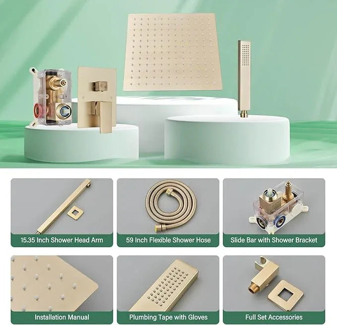 Shower Faucet Set Rain Shower System with 10 Inches Rain Shower Head and Handheld Spray, Bathroom Shower Fixtures Brushed Gold Shower Kit with Brass Valve,Ceiling Mounted - ModernBath