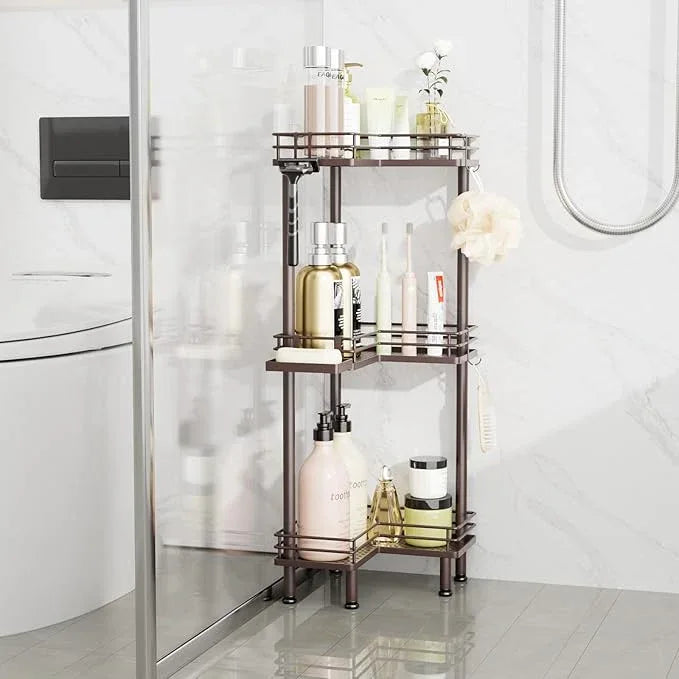 Consumest Corner Shower Caddy Standing - 3-Tier Stainless Steel Shower Organizer with Soap Holder and 4 Hooks, Large Capacity Corner Shelf Stand for Bathroom, Rest Room, Bronze - ModernBath