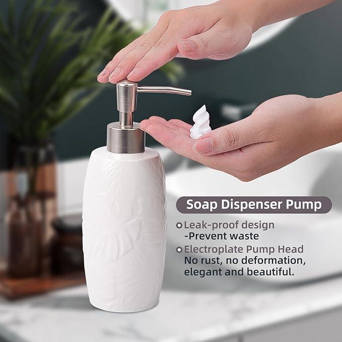 Bathroom Accessories Set,Leaf Design Bathroom Accessory Set,4 PCS Ceramic Gift Set Apartment Necessities, Contain Cotton Swab Jar,Soap Dispenser,Soap Dish,Tumbler White - ModernBath