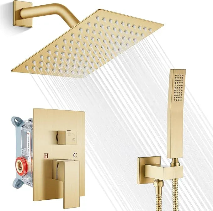 gotonovo Rainfall Bathroom Shower System Rain Shower Head and Handle Set Wall Mounted Shower Complete Combo Solid Brass Pressure Balancing Shower Mixer Valve 8 Inch Brushed Gold - ModernBath