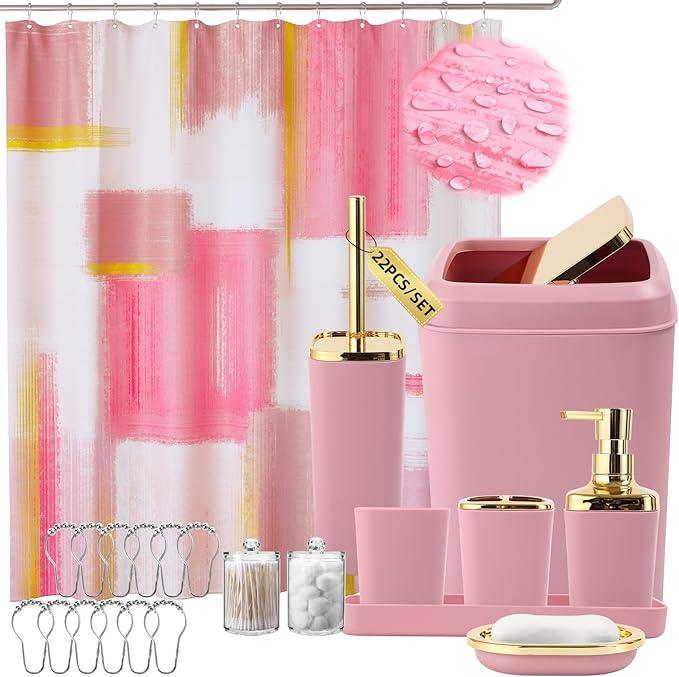 XLHOMO Pink and Gold Bathroom Accessories Set, Bathroom Sets with Shower Curtain, Pink Bathroom Accessories with Trash Can, Soap Dispenser, Soap Dish, Toilet Brush Holder, Qtip Holders for Bathroom - ModernBath