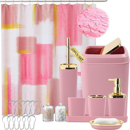 XLHOMO Pink and Gold Bathroom Accessories Set, Bathroom Sets with Shower Curtain, Pink Bathroom Accessories with Trash Can, Soap Dispenser, Soap Dish, Toilet Brush Holder, Qtip Holders for Bathroom - ModernBath