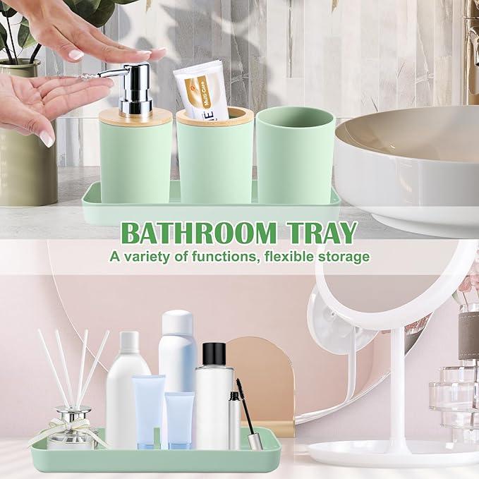 iMucci 9Pcs Pastel Green Bathroom Accessories Set - with Trash Can,Toilet Brush,Toothbrush Holder, Lotion Soap Dispenser, Soap Dish,Toothbrush Cup,Qtip Holder (Bamboo Cover) - ModernBath
