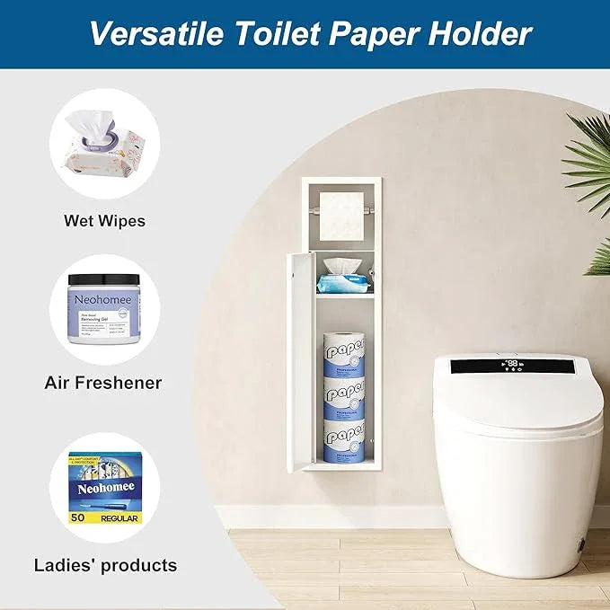 Neodrain Recessed Toilet Paper Holder, White Toilet Tissue Holder with Curved Door, 304 Stainless Steel Bathroom Storage Cabinet for Toilet Paper Roll, Perfect Depth for Amarica Drywall - ModernBath