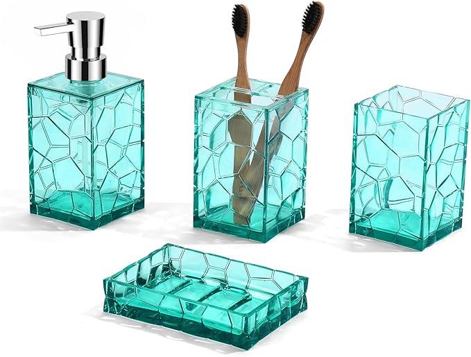 GAHEFY Teal Blue Beach Bathroom Accessories Set with Toothbrush Holder, Soap Dispenser, Tumbler, Soap Dish, Turquoise Bathroom Decor,Acrylic (Teal-4pcs) - ModernBath