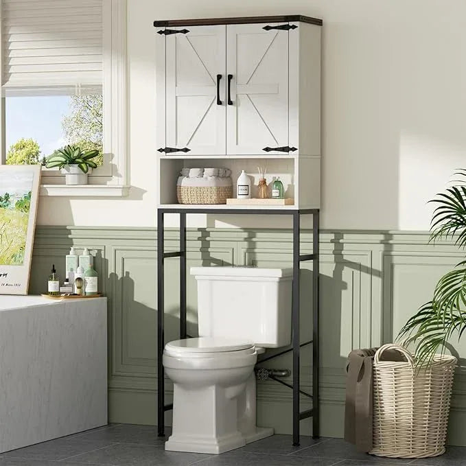 Over The Toilet Storage Cabinet with Farmhouse Doors and Adjustable Shelf, Tall Bathroom Organizer with Metal Stand Space Saver Over Toilet , Wood Rack for Bathroom, Restroom, Laundry, White - ModernBath