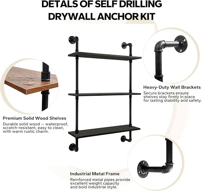 3-Tier Industrial Pipe Floating Shelf – Rustic 24 inch Wood Wall-Mounted Storage Shelf for Kitchen Office,Bathroom & Home Decor -Black - ModernBath