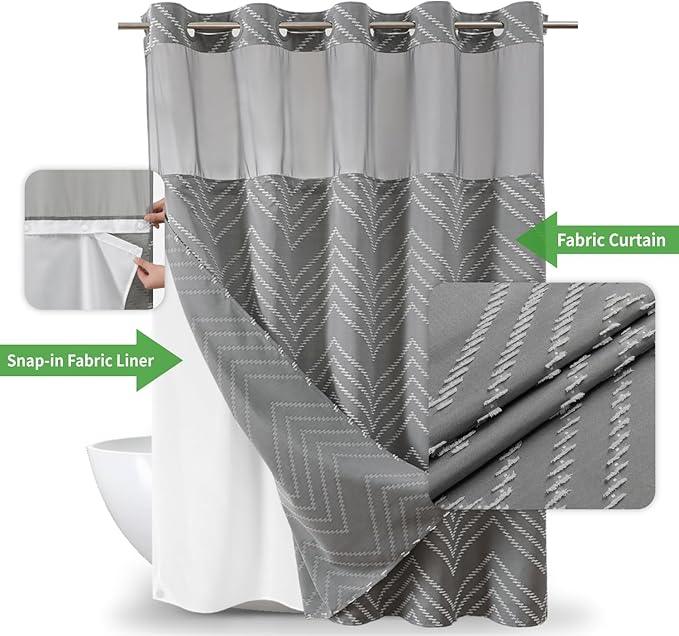 Grey No Hook Shower Curtain with Snap-in Liner Set,Boho Modern Farmhouse White Tufted Chevron Striped Design,Woven Fabric Bathroom Curtain,71x74 - ModernBath