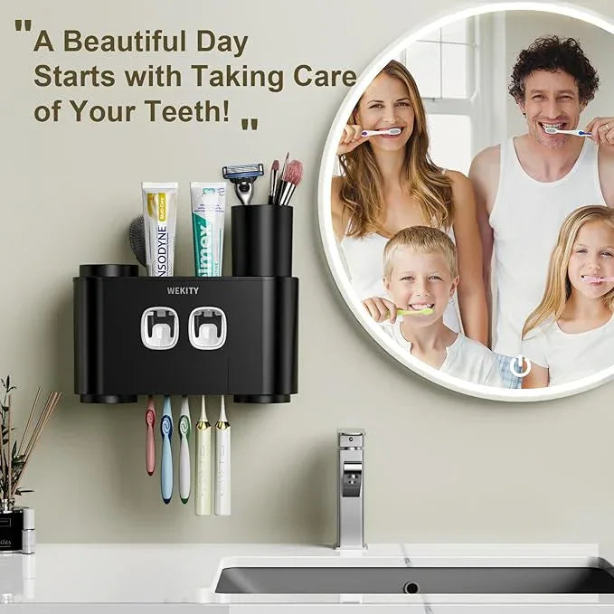 Toothbrush Holder Multi-Function Wall-Mounted, Automatic Toothpaste Dispenser & Dust-Proof Toothbrush Holder with 5 Brush Slots 4 Cups 2 Automatic Toothpaste Dispensers 1 Storage Slot (Black) - ModernBath