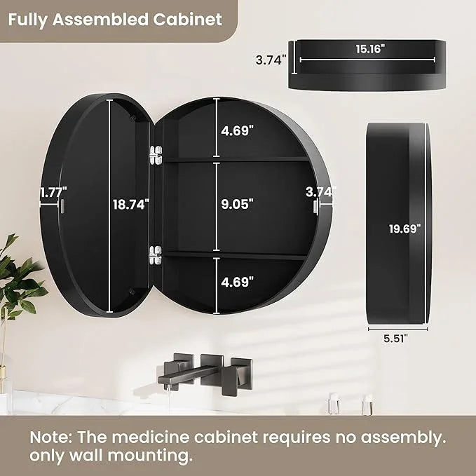 SUNWAVE 20 Inch Round Black Medicine Cabinet with Mirror, Modern Wall Mounted Vanity Cabinet for Bathroom, Circle Bathroom Mirror with Storage, Space-Saving Wood Cabinet (Black, 20 Inch) - ModernBath