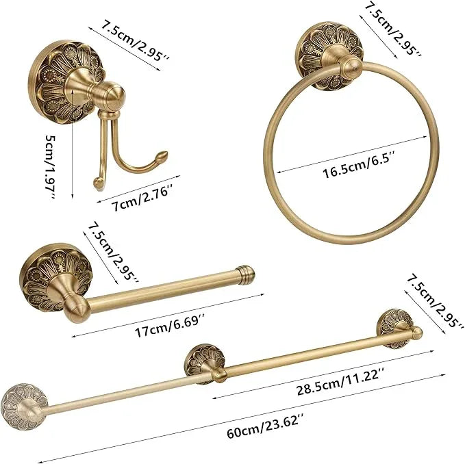 Brass Bathroom Accessory Set, Antique Brass Toilet Paper Holder Towel Ring Hook, Towel Hook Robe Toilet Paper Roll Holder, Rustic Towel Rack Bar Hardware Set Farmhouse Wall Mounted(4 Pieces) - ModernBath