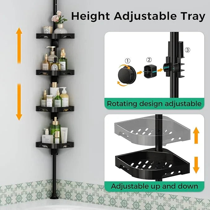 shuang qing 4-Tier Corner Shower Caddy Tension Pole Organizer - Adjustable Rustproof Metal Tension Pole, Plastic Shelves with Safety Guardrail, Bathroom Storage for Shower & Bathtub(Black) - ModernBath