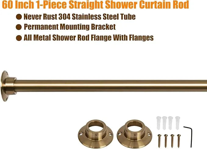Artiwell 60" Heavy Duty Straight Shower Rod With Shower Rod Flange, Permanent Mount Shower Curtain Rod With Screws Bracket, Never Rust Stainless Steel, Window Curtain and Closet Rod, Champagne Bronze - ModernBath