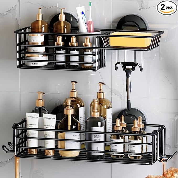 LEVERLOC Shower Caddy Suction Cup, 2 Pack Shower Shelves for Inside Shower with Hooks & Soap Holder, NO-Drilling Bathroom Shower Organizer, Rustproof Meatl Shower Holder Storage, Black - ModernBath