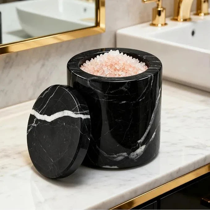 Black Marble Canister, Natural Otip Holder Dispenser with Lid, 3 x 3.5 Inch Cylinder Canister, High Capacity Bathroom Qtip Holder Storage for Cotton Swab, Floss Picks, Makeup Pad (Small) - ModernBath