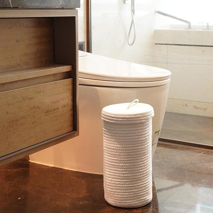 Toilet Paper Holder Handmade – Cotton Woven Toilet Paper Stand & Storage Basket with Lid, Freestanding Organizer for Bathroom, Fits 3 Rolls White - ModernBath