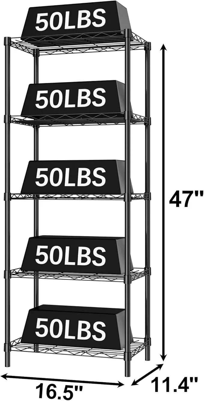HOMEFORT 5-Tier Wire Shelving 5 Shelves Unit Metal Storage Rack Durable Organizer Perfect for Pantry Closet Kitchen Laundry Organization in Black, 16.5" W x 11.4" D x 47" H - ModernBath