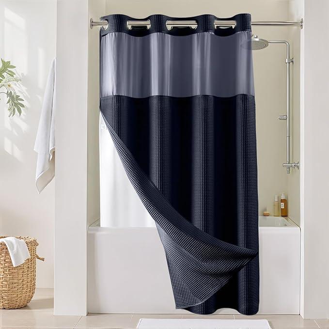 River Dream Navy Blue Fabric Shower Curtain Set, Cotton Blend, Waffle Weave, with Snap in Replacement Liner，54 x 80inches - ModernBath