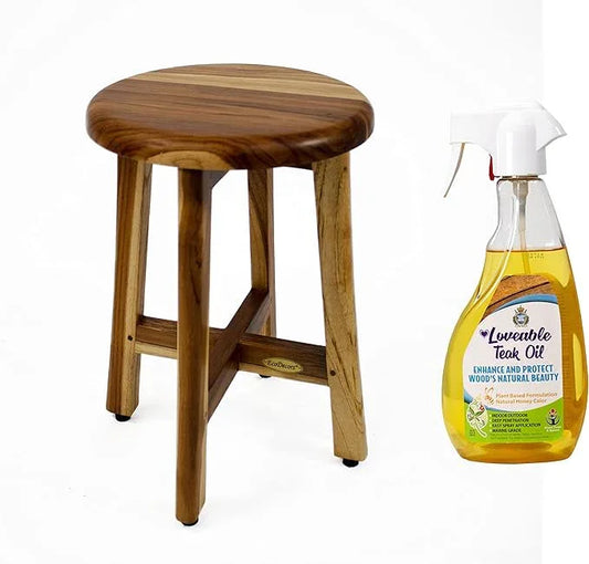 EcoDecors Shoji 12 Inch Round Waterproof Teak Wood Shower Bench Stool Seat Chair for Inside Shower Provides Safety, Storage, and Organization for Accessories and Loveable 24 oz Spray Bottle Teak Oil - ModernBath