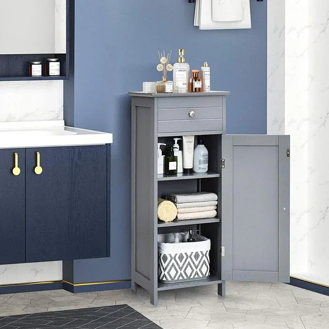 Tangkula Bathroom Floor Cabinet, Wooden Side Storage Cabinet, Freestanding Single Door Bathroom Cabinet with Large Drawer & 2 Adjustable Shelves for Living Room Kitchen (Grey) - ModernBath