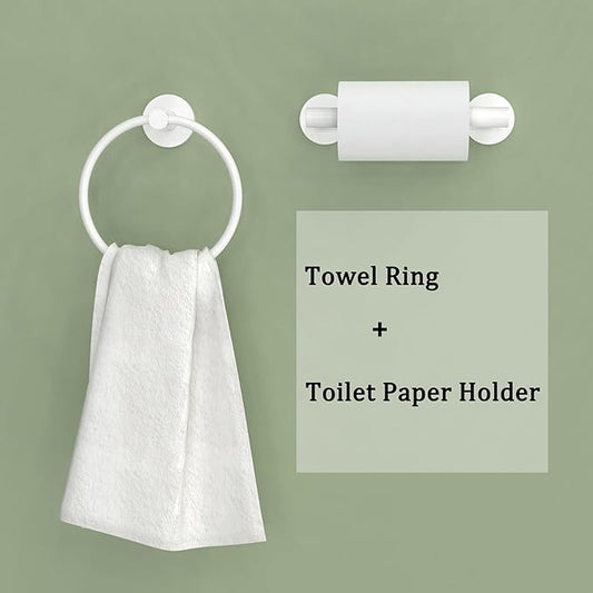 White Toilet Paper Holder & Towel Ring SUS304 Stainless Steel 2pc Bathroom Hardware Set with Double Post Pivoting Toilet Paper Roll Holder Wall Mount & Bathroom Towel Holder Set