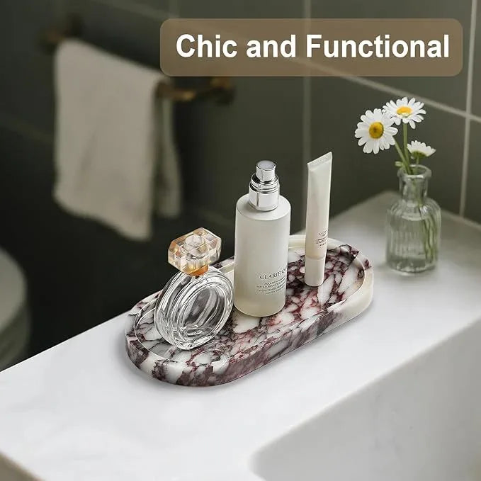 Natural Marble Vanity Tray - Moujings Genuine Marble Perfume Tray for Bathroom Decor, Stone Bathroom Vanity Organizer Tray for Kitchen Counter, Candles, Jewelry, Coffee, Makeup, Key - ModernBath