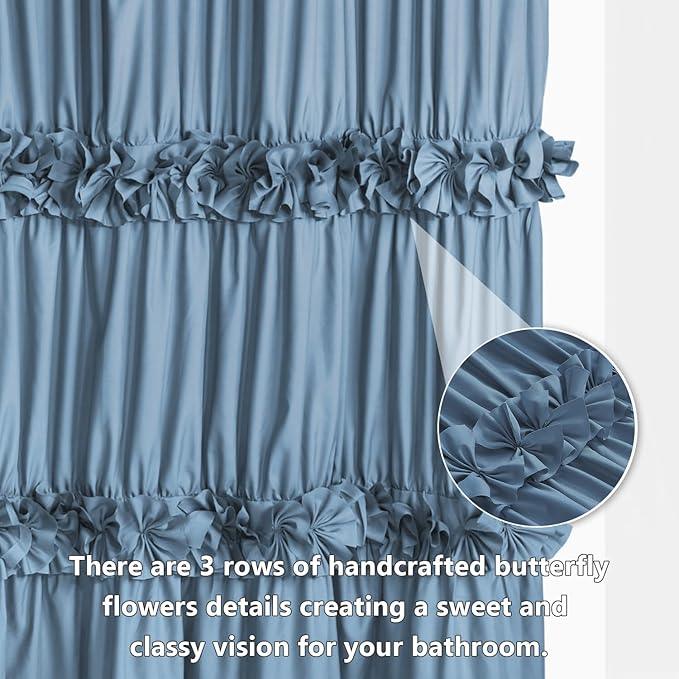 Homechoice Decor Dusty Blue Ruffle Shower Curtain, Vintage Handcrafted Bow Tie Bath Curtain for Master Bathroom, Ruched Microfiber Bathroom Curtain with 12 Buttonholes, 72" W x 72" H (LQ-10) - ModernBath