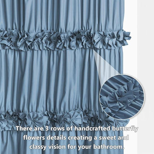 Homechoice Decor Dusty Blue Ruffle Shower Curtain, Vintage Handcrafted Bow Tie Bath Curtain for Master Bathroom, Ruched Microfiber Bathroom Curtain with 12 Buttonholes, 72" W x 72" H (LQ-10) - ModernBath
