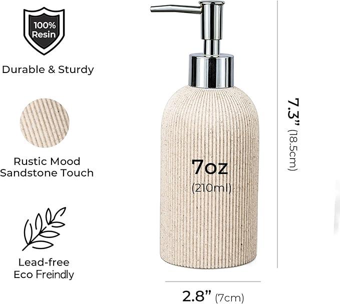 Sand Beige Hand Soap Dispenser for Bathroom and Kitchen with Pump, Luxury Farmhouse Style, Lotion, Dish Soap Dispenser, Sandstone Finish, Rust Proof, 7oz (Silver Pump) - ModernBath