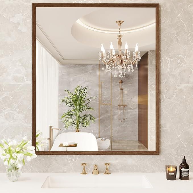 JISOSO Rectangle Bathroom Mirror 30x36 Inch, Walnut Wood Grain Framed, Anti-Rust & 4mm Tempered Glass, Horizontal/Vertical Hanging Vanity Mirror for Bathroom & Bedroom - ModernBath