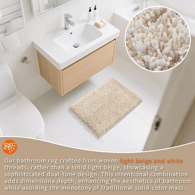 Yimobra Bathroom Rugs Non Slip Washable, Ultra Soft and Water Absorbent Bath Mats, Plush Fluffy Shower Mat Outside, Microfiber Thick Matts for Bathroom Floor/Sink, 24x17, Light Beige and White - ModernBath