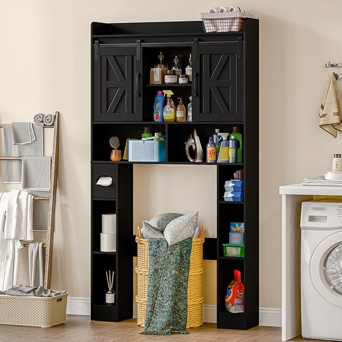 Farmhouse Storage Cabinet Over Toilet with Sliding Doors，Over The Toilet Storage Cabinet, Home Space-Saving Toilet Rack, for Bathroom, Restroom, Laundry.Pure Black - ModernBath